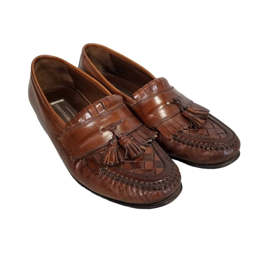 Johnston & Murphy Shoes 9.5 Loafer Double Woven Tassel Dress Mahogany Fringe